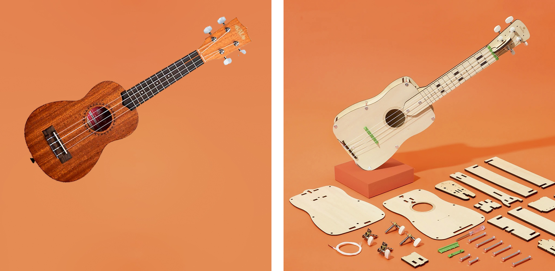 Two ukeleles on a plain orange background, but the one on the right is made from a kit, and the pieces from the kit are spread out individually below and in front of the finished model.